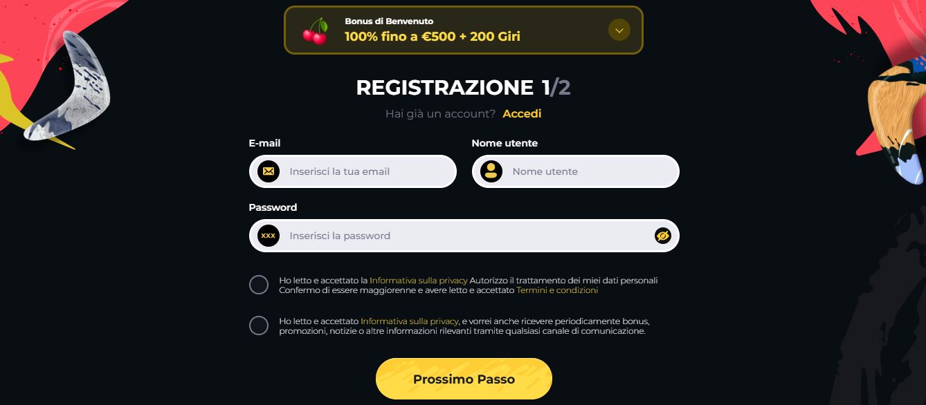 Registrati su Boomerang Casino in pochi passi